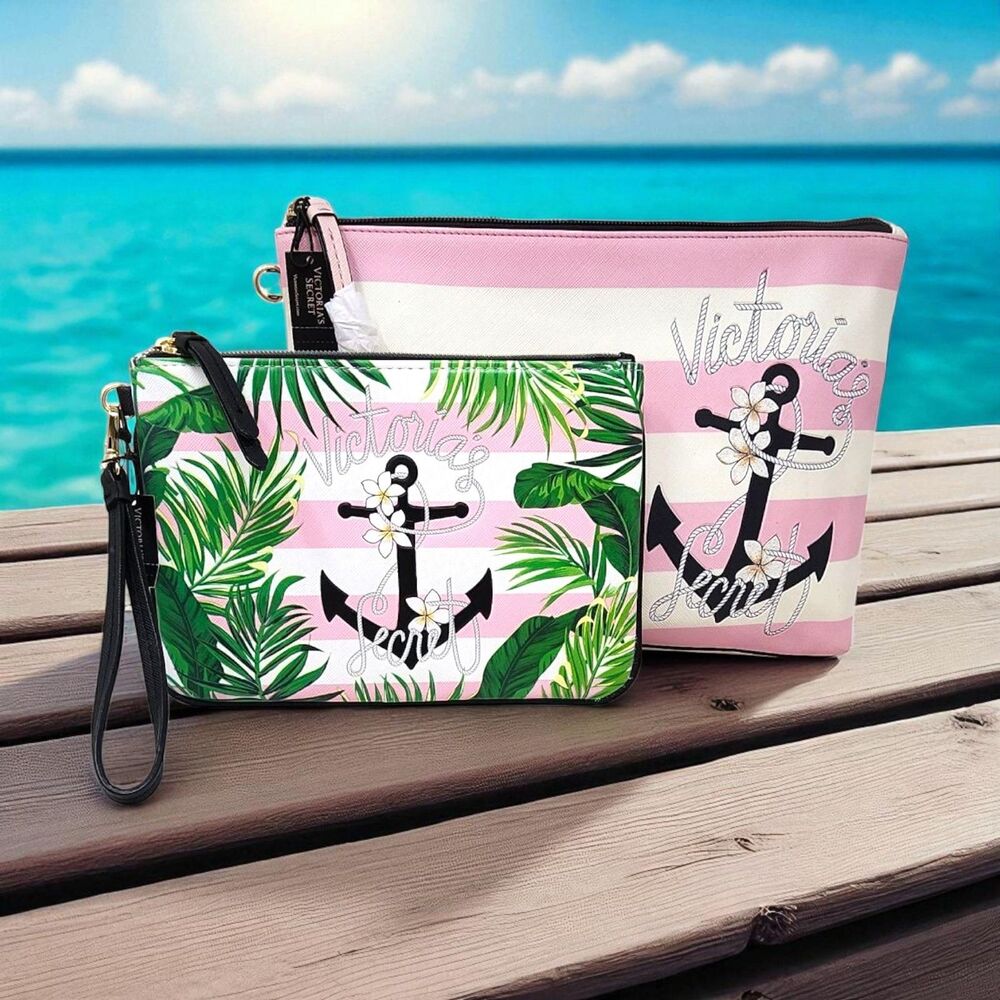 Victoria Secret Travel Cosmetic Bag 2 Piece Set Pink Stripes and Anchor Vinyl